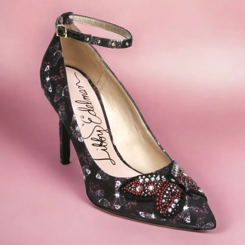 LIBBY EDELMAN Holly Butterfly Rhinestone Black Heel Pumps size 8 - Picture 1 of 14